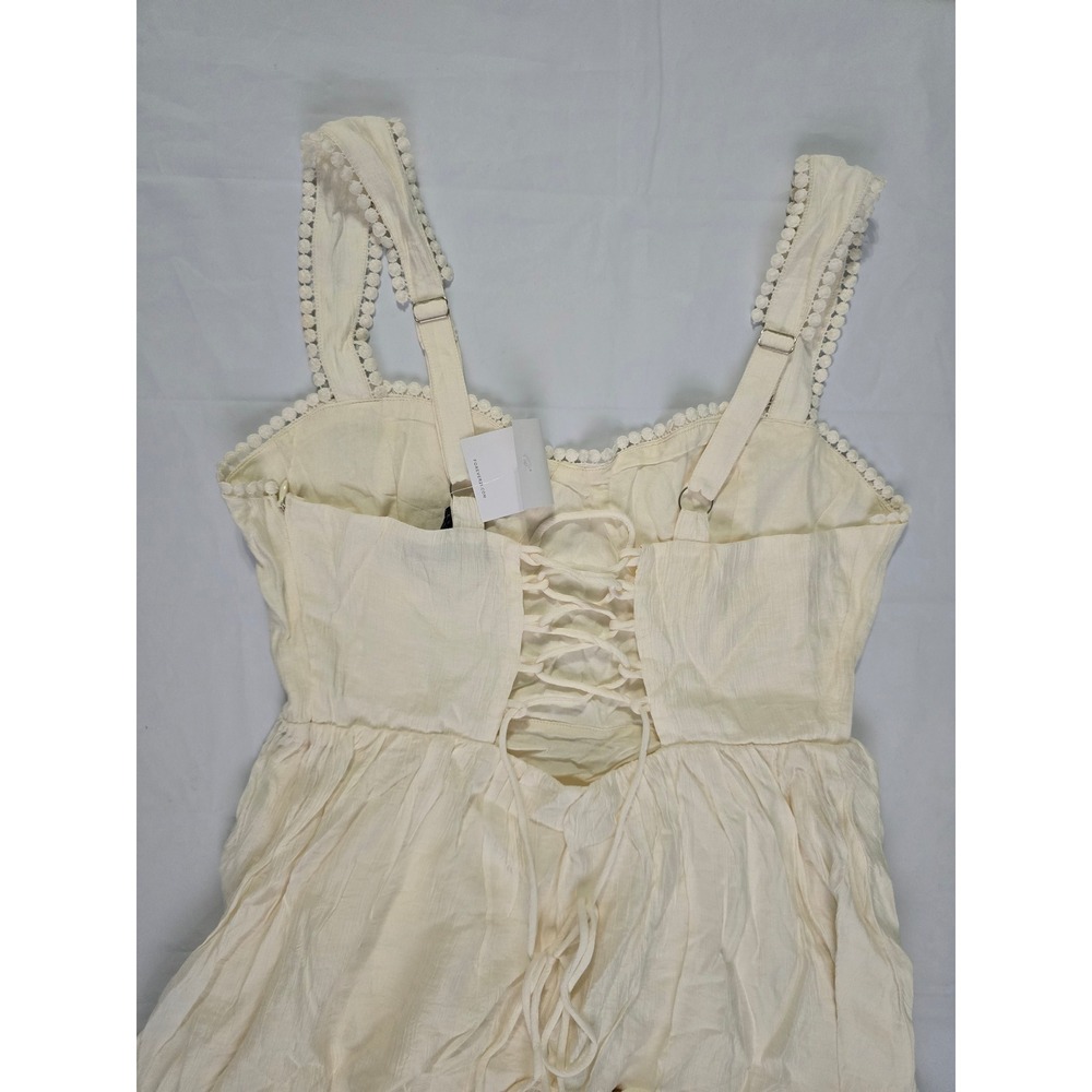 Forever 21 Vanilla Mini Dress Lace Up Back Pom Pom Trim Cream Size L NWT - Picture 13 of 16